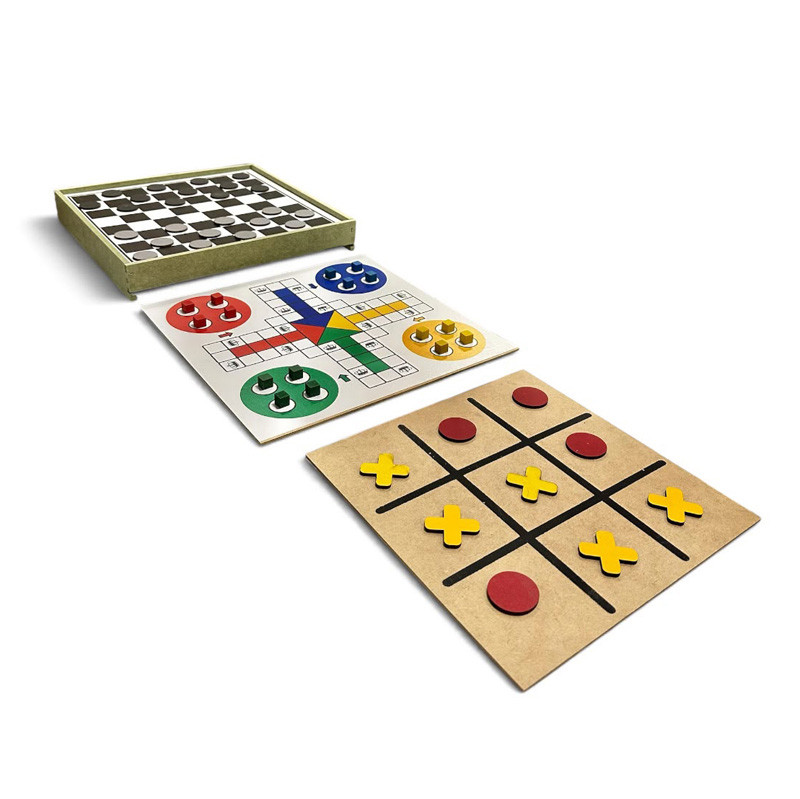 Jogo 3 em 1 Tabuleiros de Mesa MDF