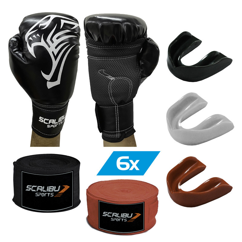 Kit c/6 Luvas Boxe Preto, 6 Bandagens e 6 Protetores Bucais Promocionais