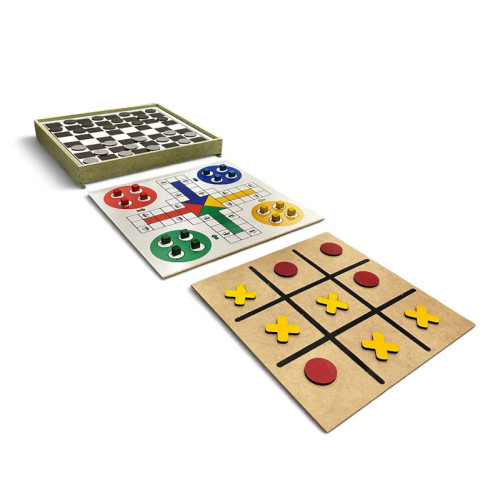 Jogo 3 em 1 Tabuleiros de Mesa MDF